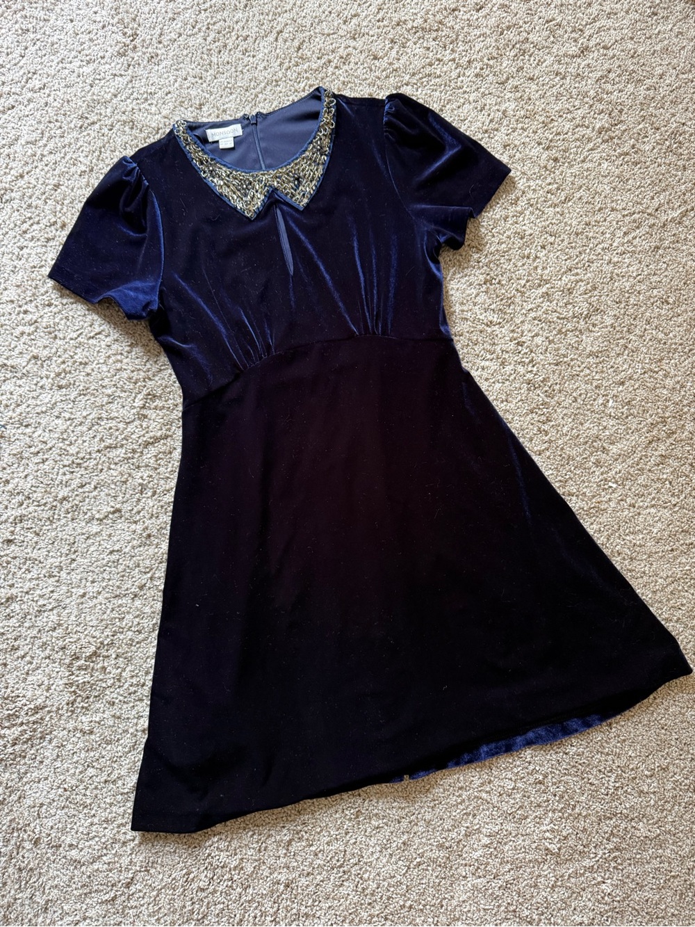 💙 Monsoon Beaded Collar Velvet Fit-and-Flare Dress - Navy 💙